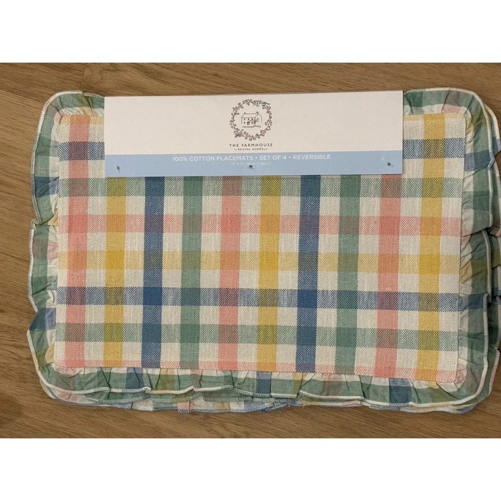 The Farmhouse Rachel Ashwell Set of 4 Placemats Reversible Plaid‎ Easter Ruffled